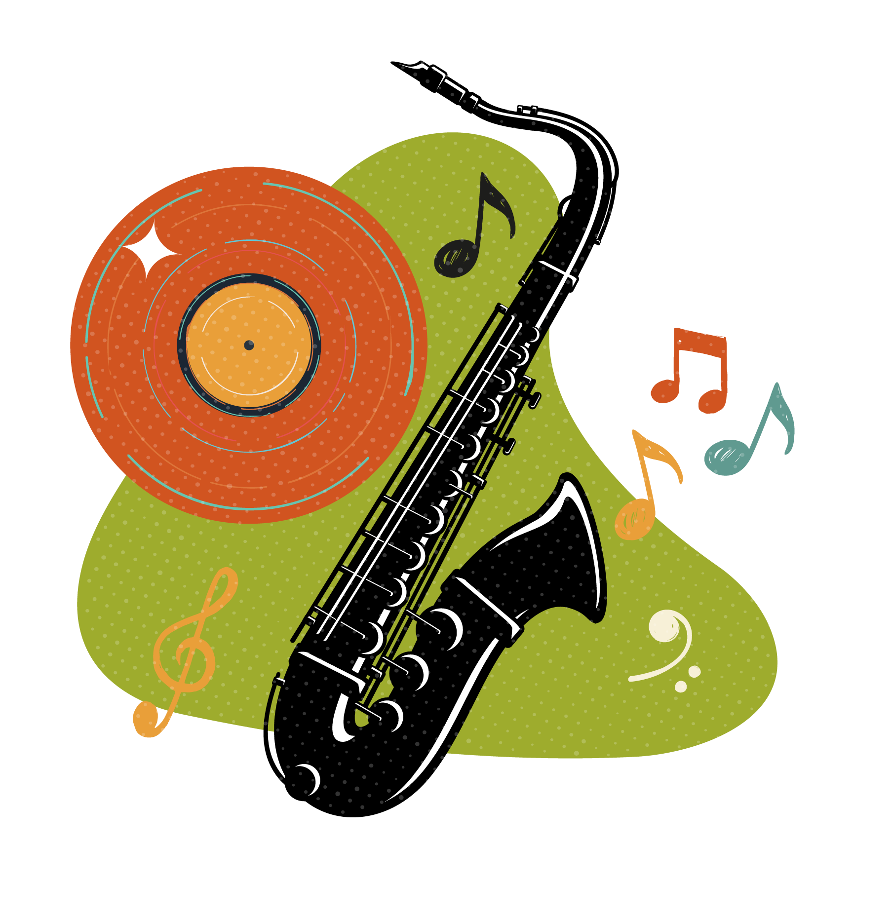 Drawing of Saxophone and Vinyl Record