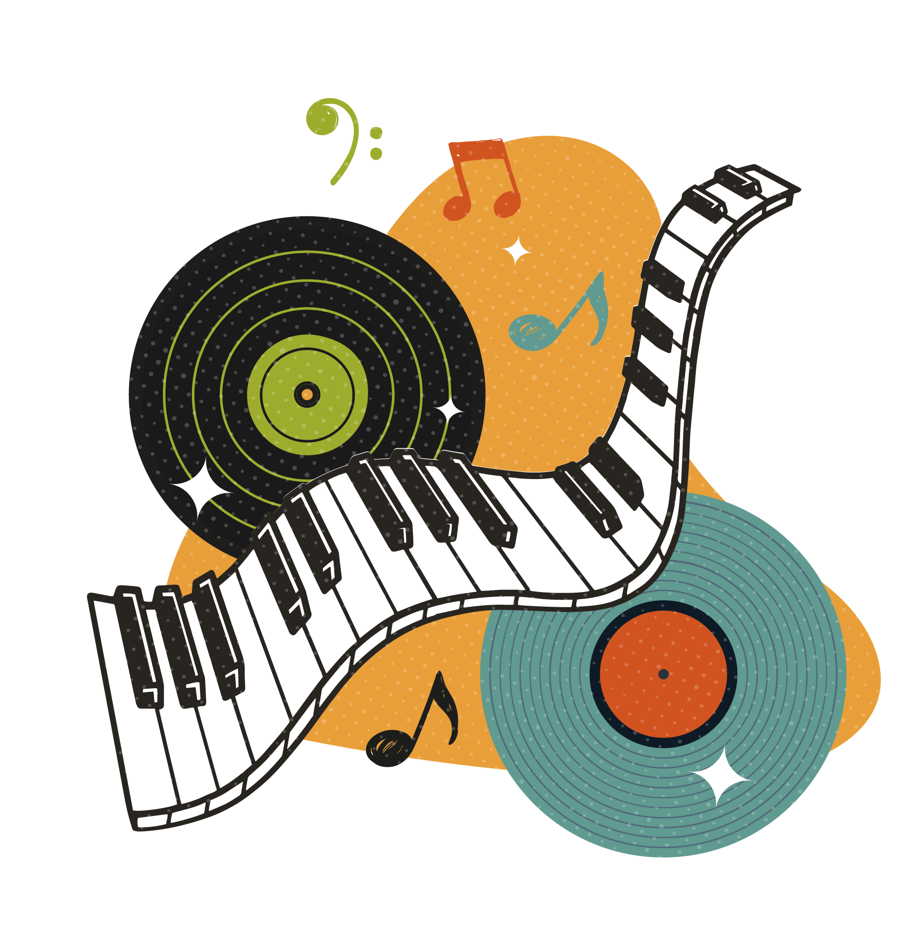 Drawing of Piano Keys and Vinyl Record