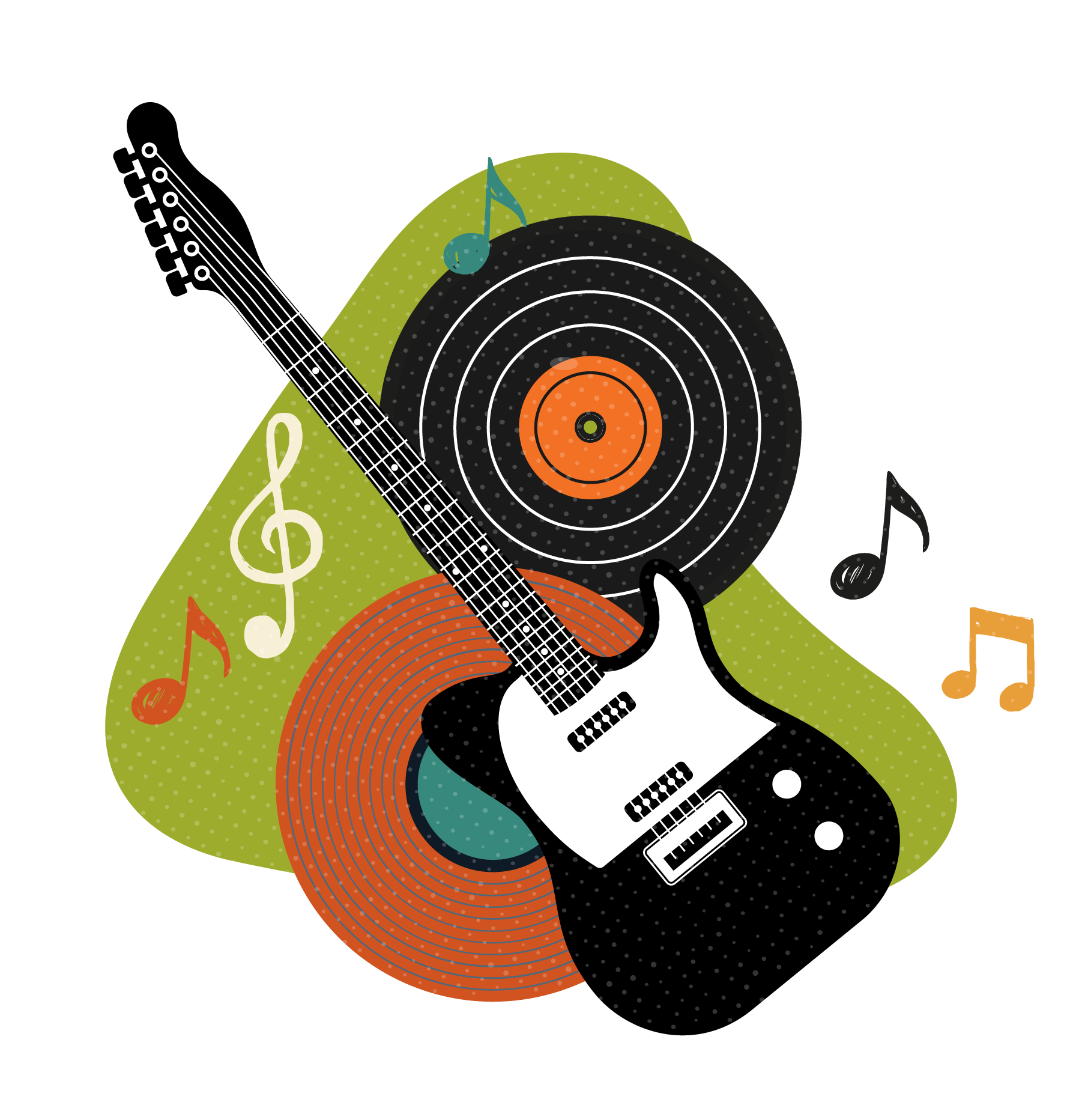 Drawing of Electric Guitar and Vinyl Record